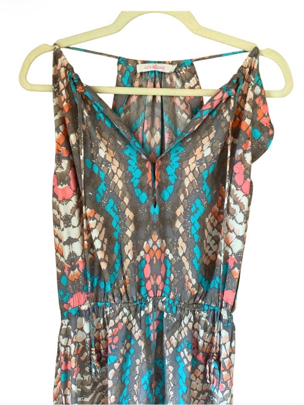 Alice & Trixie silk Coral Turquoise Miami Abstract Print Front Slit Maxi size L - Picture 4 of 14